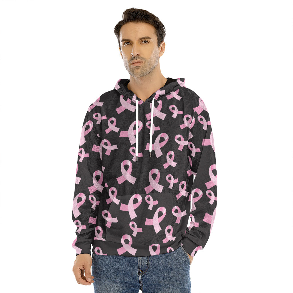 Pink Breast Cancer Ribbon Pattern Print Men's Velvet Pullover Hoodie