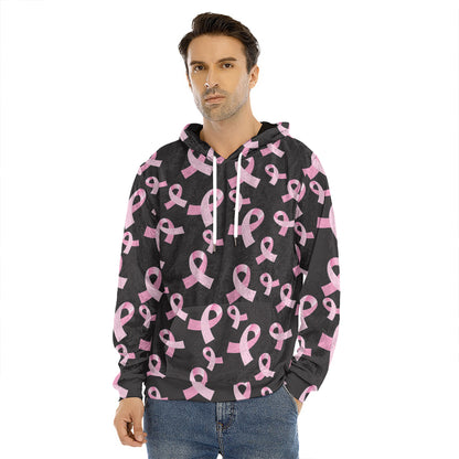Pink Breast Cancer Ribbon Pattern Print Men's Velvet Pullover Hoodie