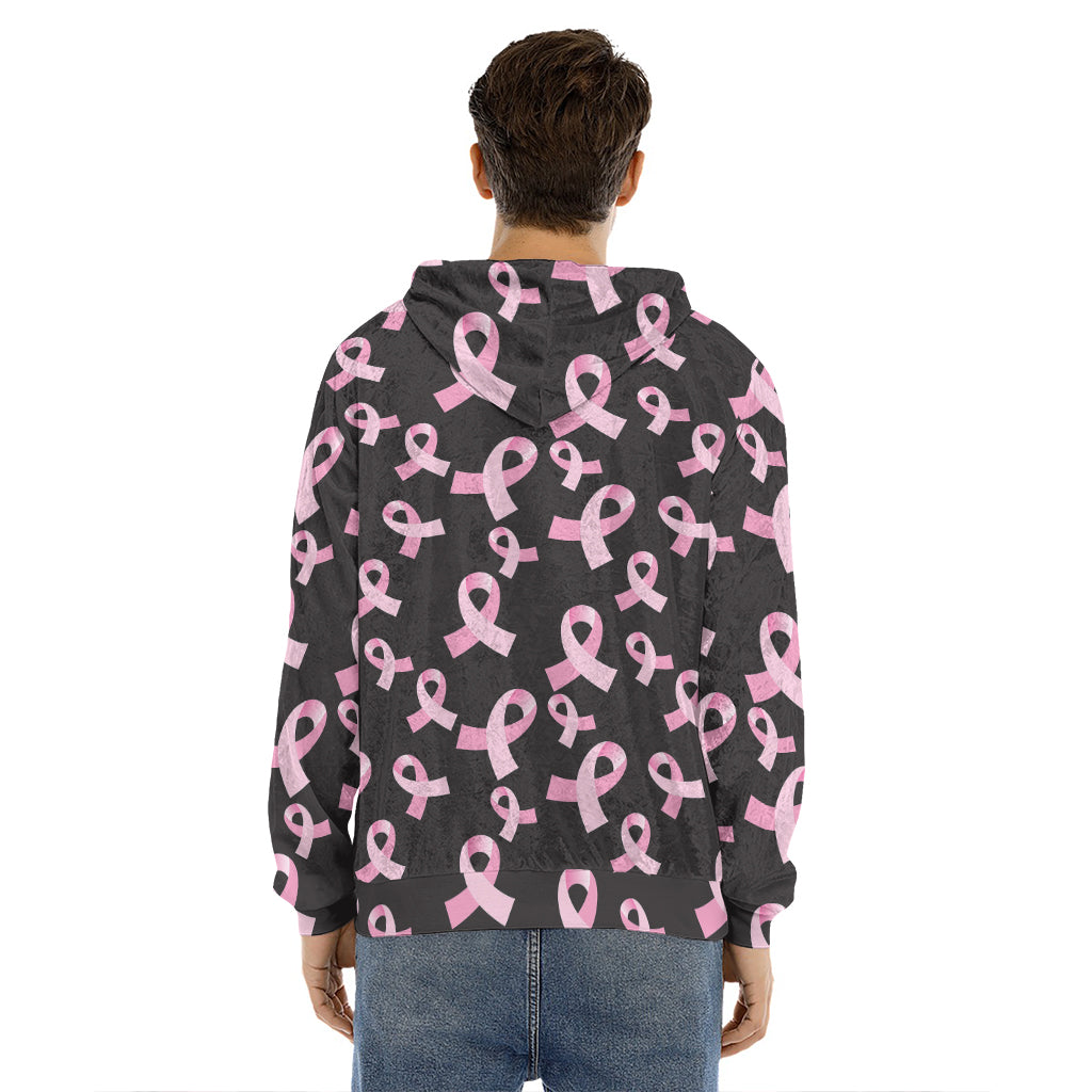 Pink Breast Cancer Ribbon Pattern Print Men's Velvet Pullover Hoodie