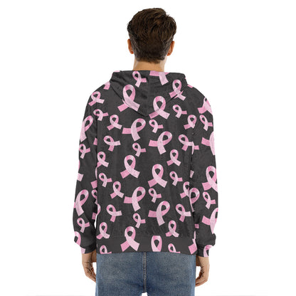 Pink Breast Cancer Ribbon Pattern Print Men's Velvet Pullover Hoodie
