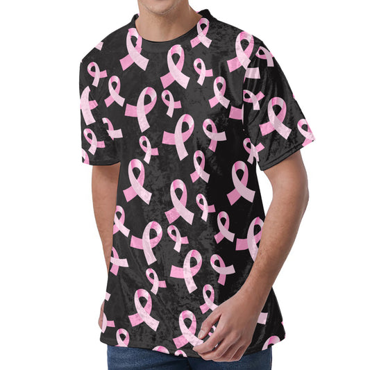 Pink Breast Cancer Ribbon Pattern Print Men's Velvet T-Shirt