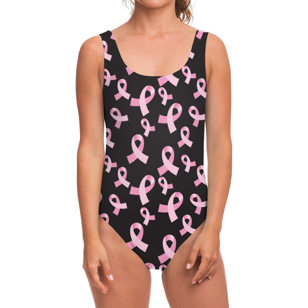 Pink Breast Cancer Ribbon Pattern Print One Piece Swimsuit