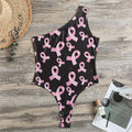 Pink Breast Cancer Ribbon Pattern Print One Shoulder Bodysuit