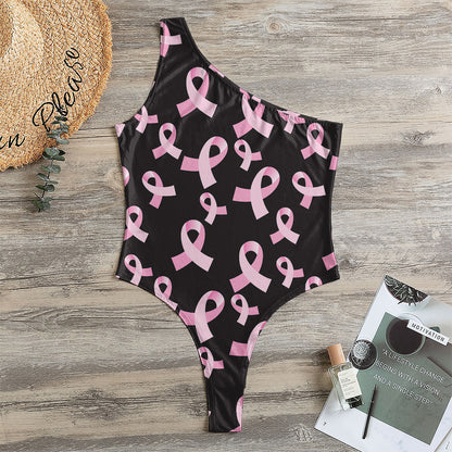 Pink Breast Cancer Ribbon Pattern Print One Shoulder Bodysuit