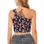 Pink Breast Cancer Ribbon Pattern Print One Shoulder Crop Top