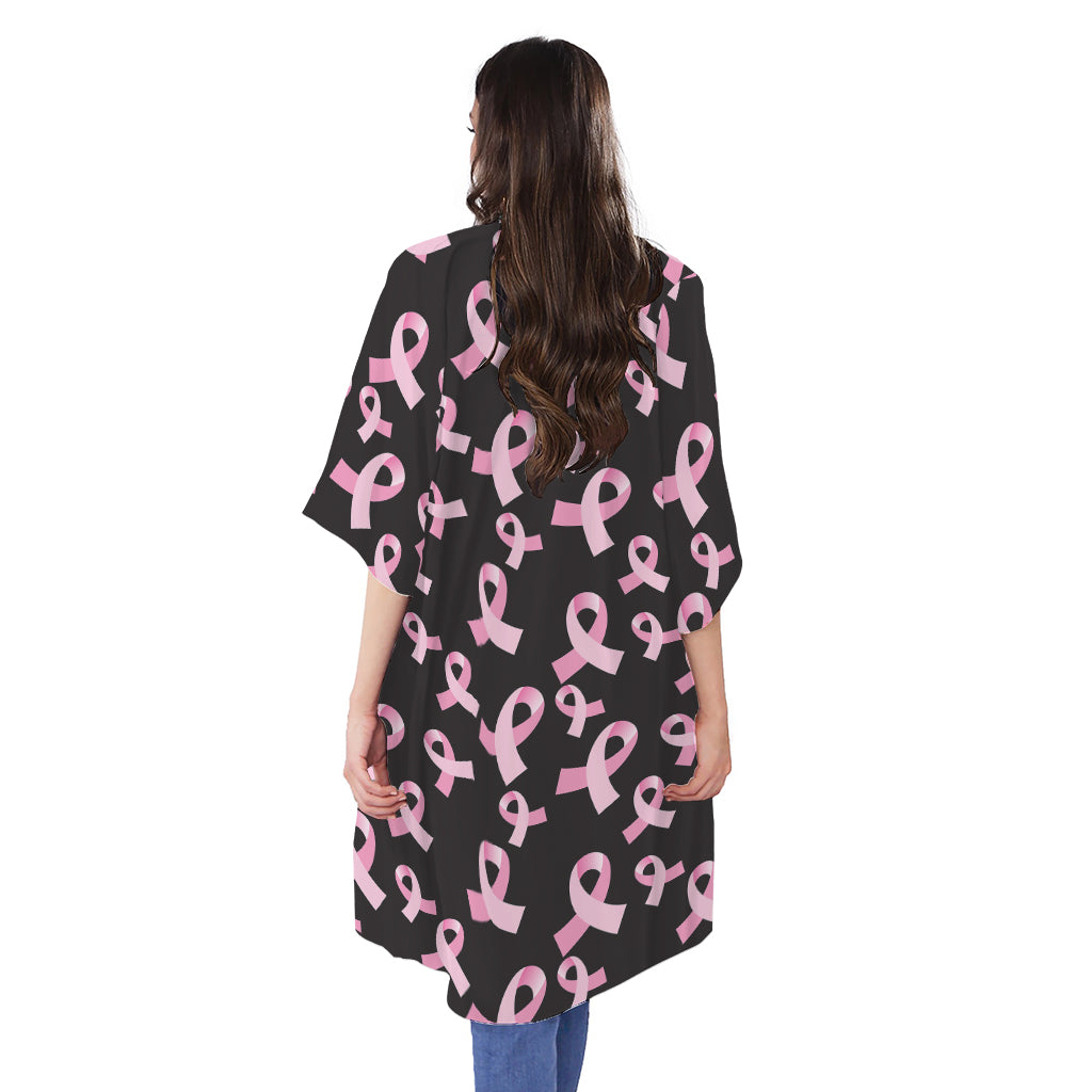 Pink Breast Cancer Ribbon Pattern Print Open Front Beach Cover Up