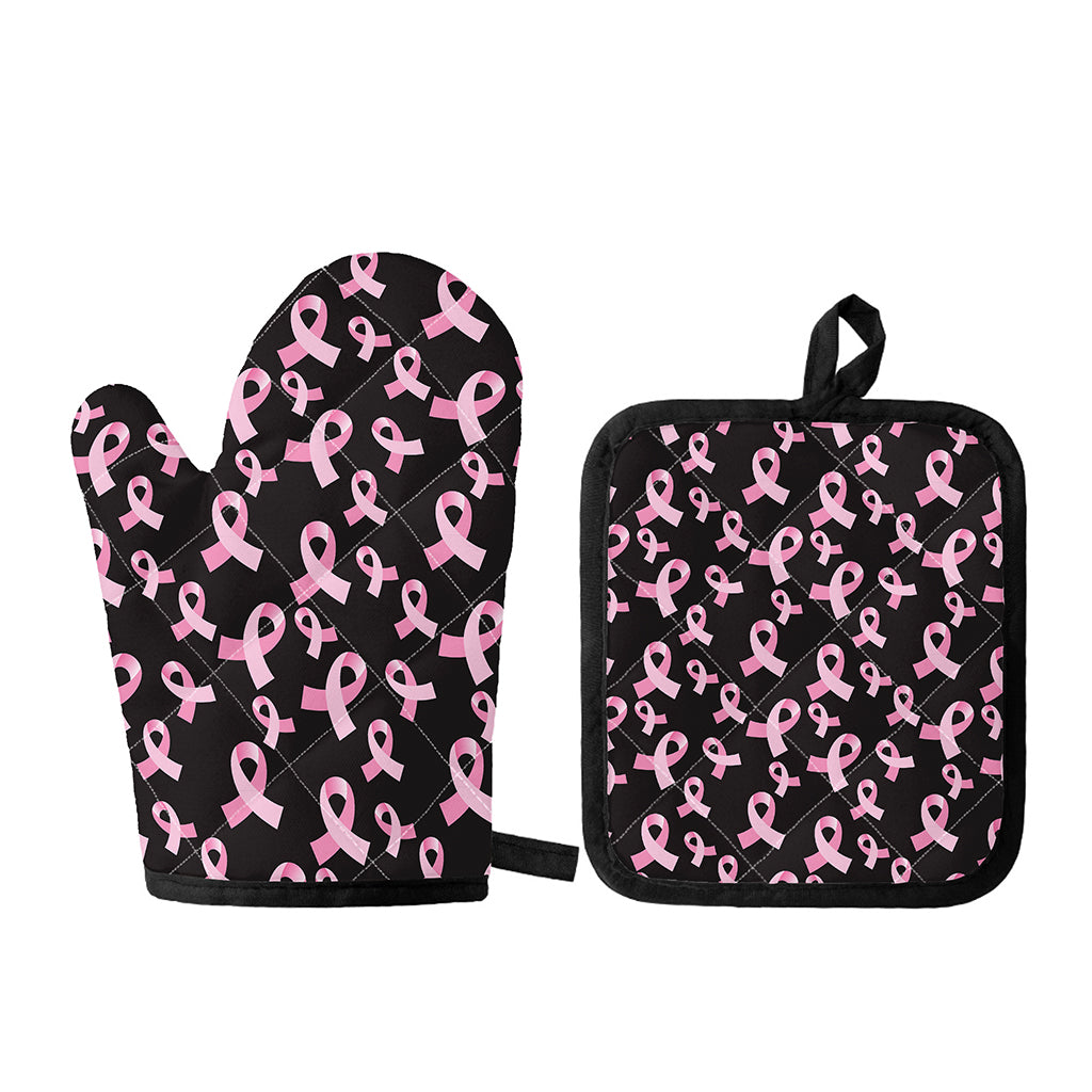 Pink Breast Cancer Ribbon Pattern Print Oven Mitt And Pot Holder Set