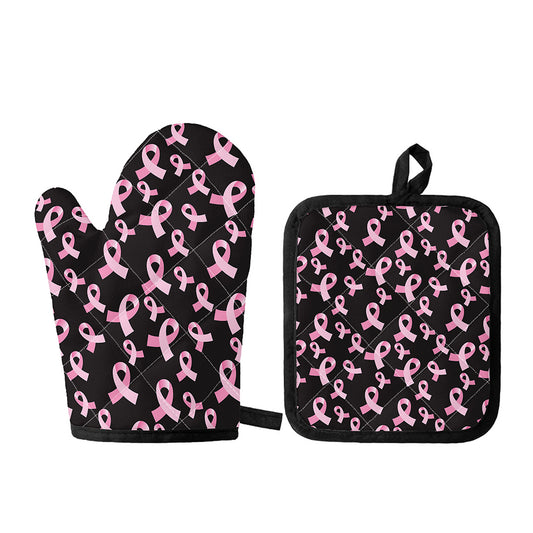 Pink Breast Cancer Ribbon Pattern Print Oven Mitt And Pot Holder Set
