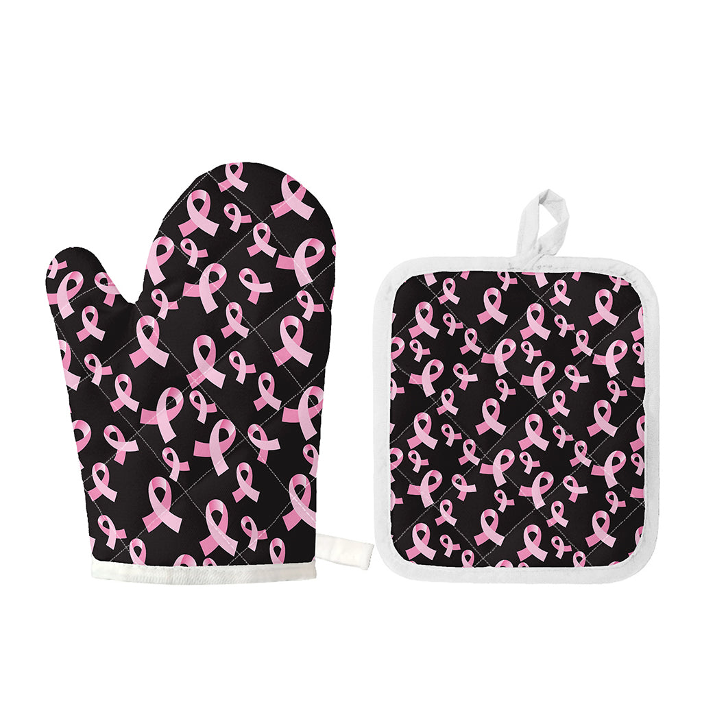 Pink Breast Cancer Ribbon Pattern Print Oven Mitt And Pot Holder Set
