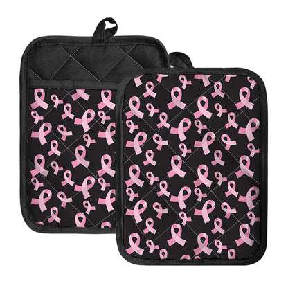 Pink Breast Cancer Ribbon Pattern Print Pot Holders With Pocket