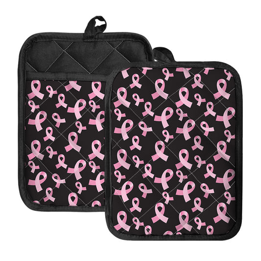 Pink Breast Cancer Ribbon Pattern Print Pot Holders With Pocket