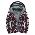 Pink Breast Cancer Ribbon Pattern Print Sherpa Lined Zip Up Hoodie