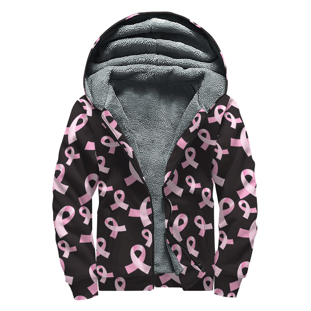 Pink Breast Cancer Ribbon Pattern Print Sherpa Lined Zip Up Hoodie