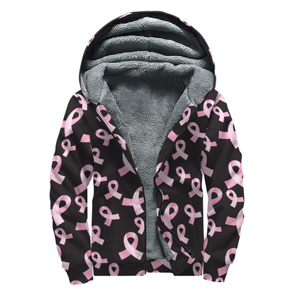 Pink Breast Cancer Ribbon Pattern Print Sherpa Lined Zip Up Hoodie