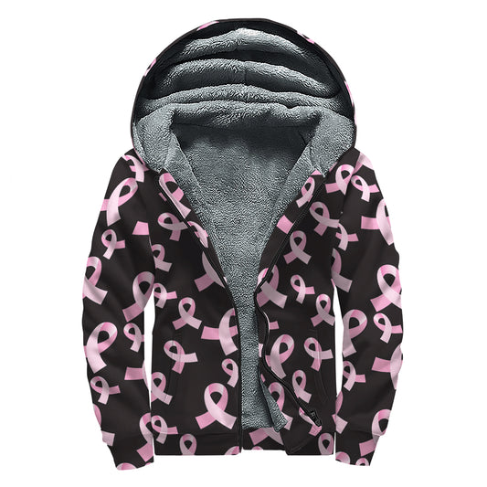 Pink Breast Cancer Ribbon Pattern Print Sherpa Lined Zip Up Hoodie