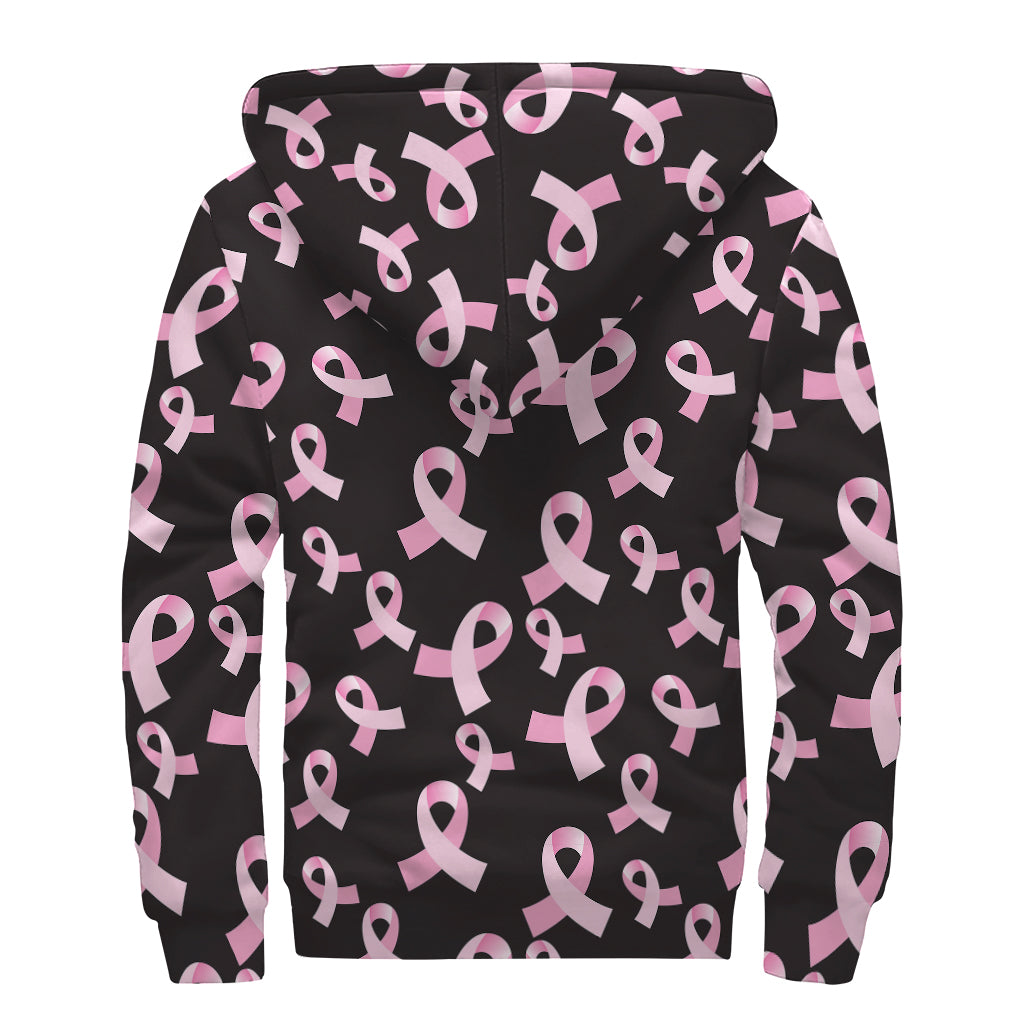 Pink Breast Cancer Ribbon Pattern Print Sherpa Lined Zip Up Hoodie