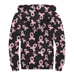 Pink Breast Cancer Ribbon Pattern Print Sherpa Lined Zip Up Hoodie