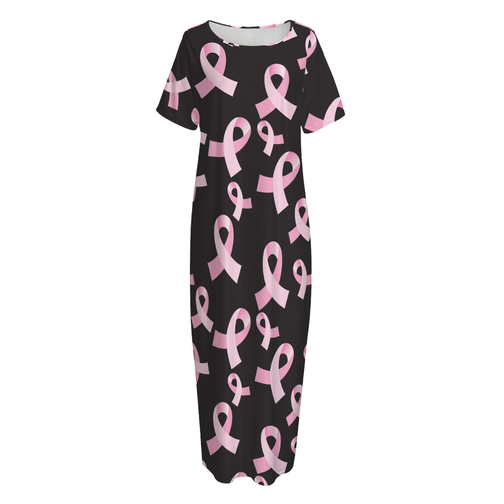 Pink Breast Cancer Ribbon Pattern Print Short Sleeve Long Nightdress