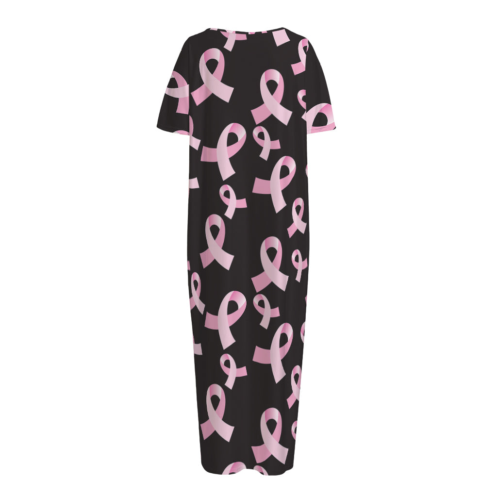 Pink Breast Cancer Ribbon Pattern Print Short Sleeve Long Nightdress