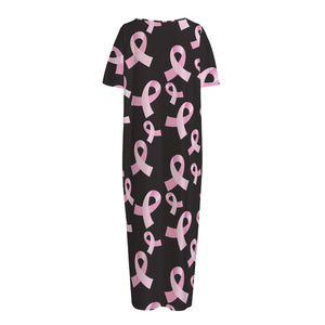 Pink Breast Cancer Ribbon Pattern Print Short Sleeve Long Nightdress