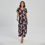 Pink Breast Cancer Ribbon Pattern Print Short Sleeve Maxi Dress