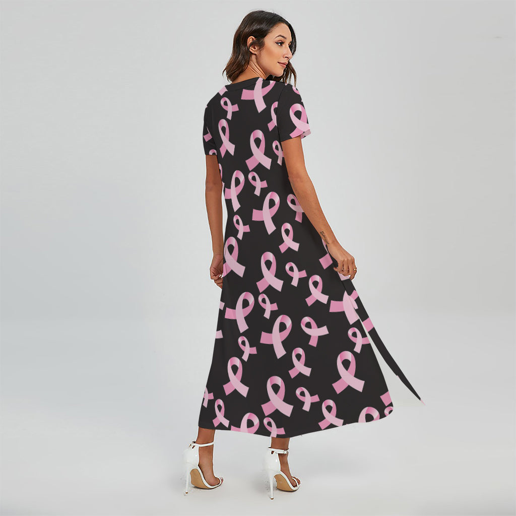 breast cancer pink dresses Pink Breast Cancer Ribbon Pattern Print Short Sleeve Maxi Dress