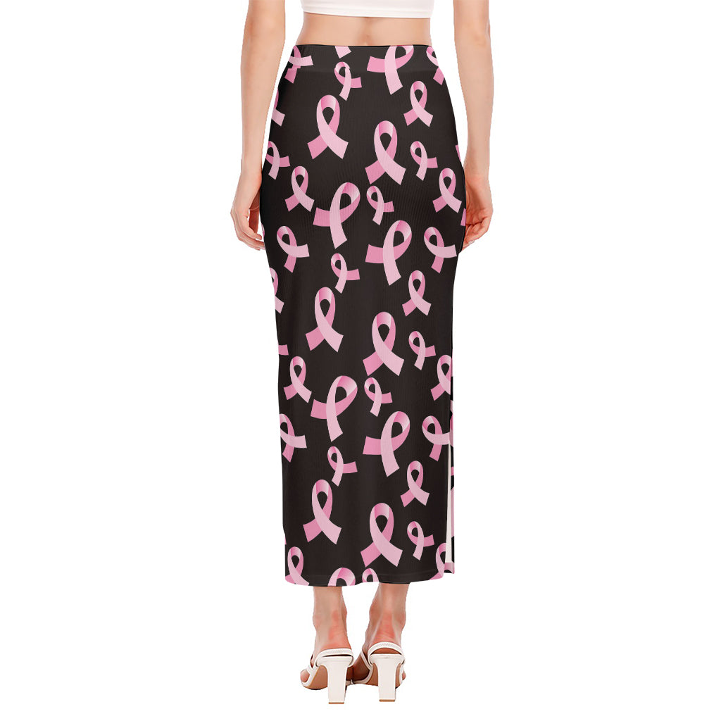 Pink Breast Cancer Ribbon Pattern Print Side Slit Maxi Skirt