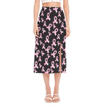 Pink Breast Cancer Ribbon Pattern Print Side Slit Midi Skirt