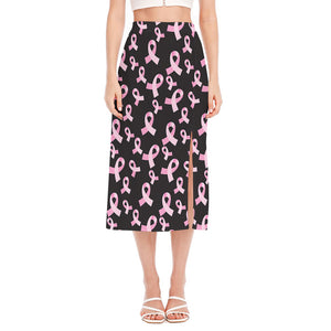 Pink Breast Cancer Ribbon Pattern Print Side Slit Midi Skirt