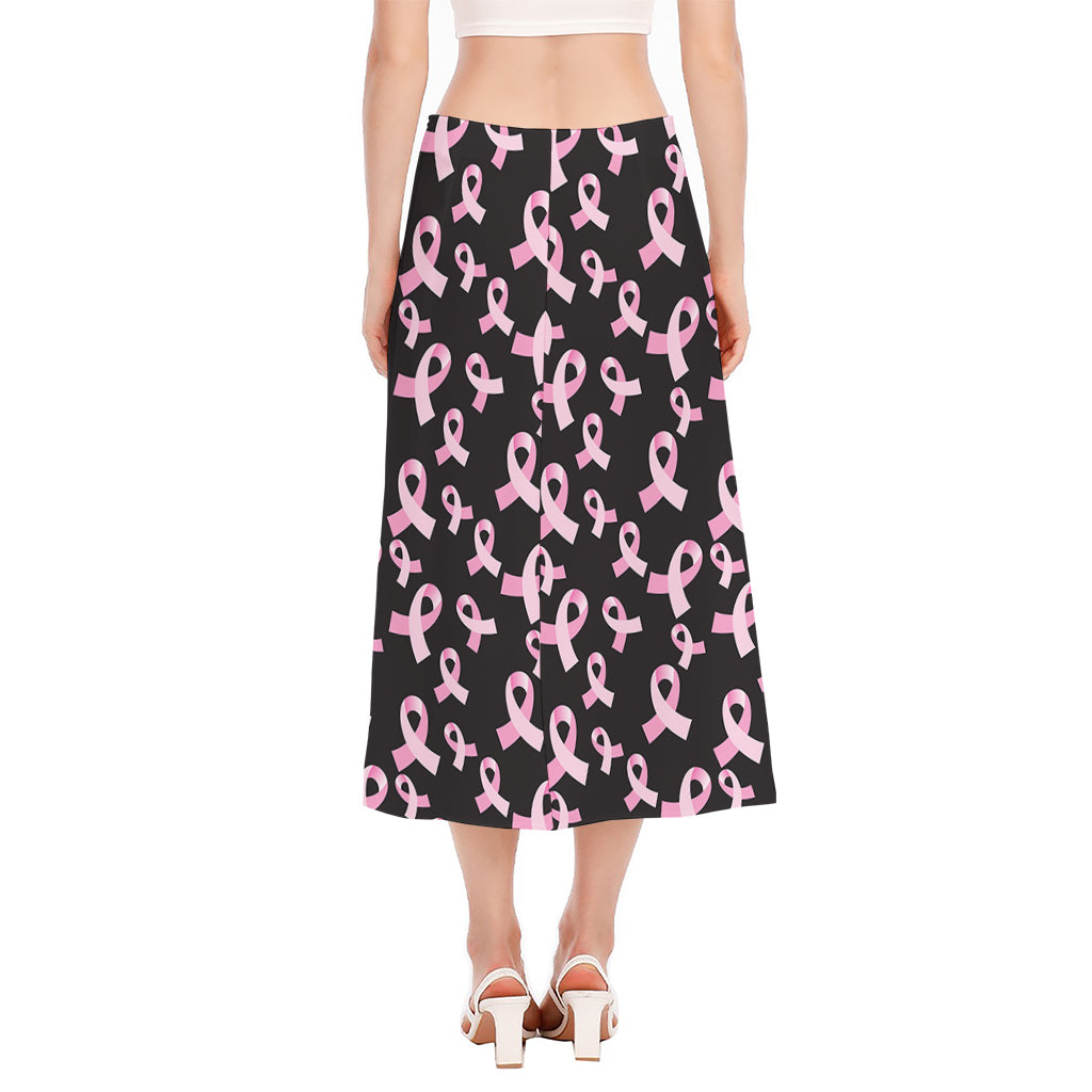 Pink Breast Cancer Ribbon Pattern Print Side Slit Midi Skirt