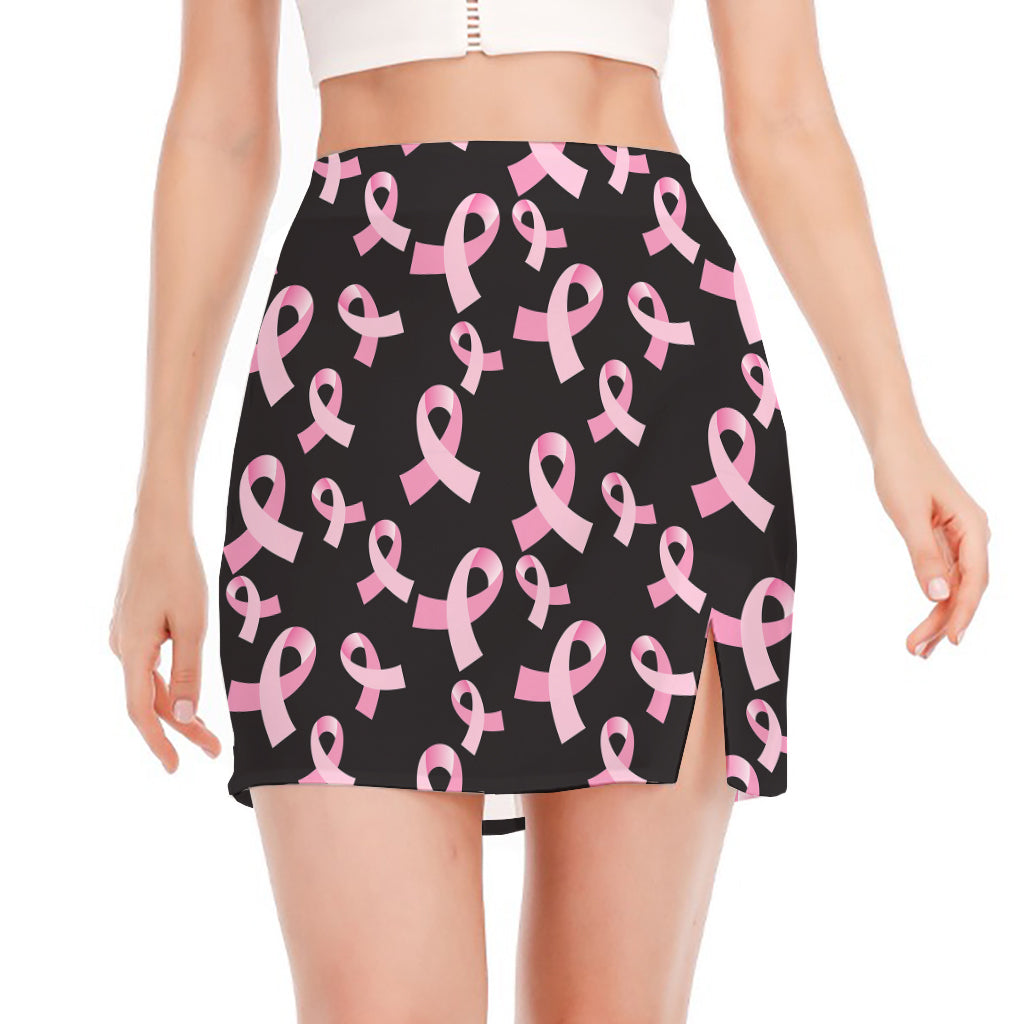 Pink Breast Cancer Ribbon Pattern Print Side Slit Mini Skirt