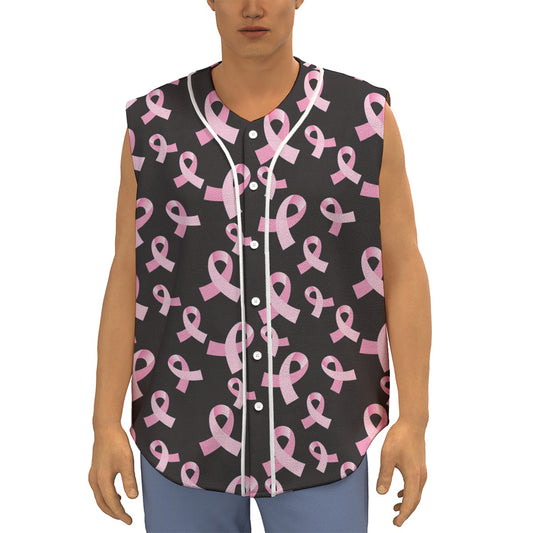 Pink Breast Cancer Ribbon Pattern Print Sleeveless Baseball Jersey