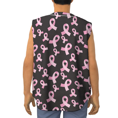 Pink Breast Cancer Ribbon Pattern Print Sleeveless Baseball Jersey