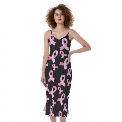 Pink Breast Cancer Ribbon Pattern Print Slim Fit Midi Cami Dress