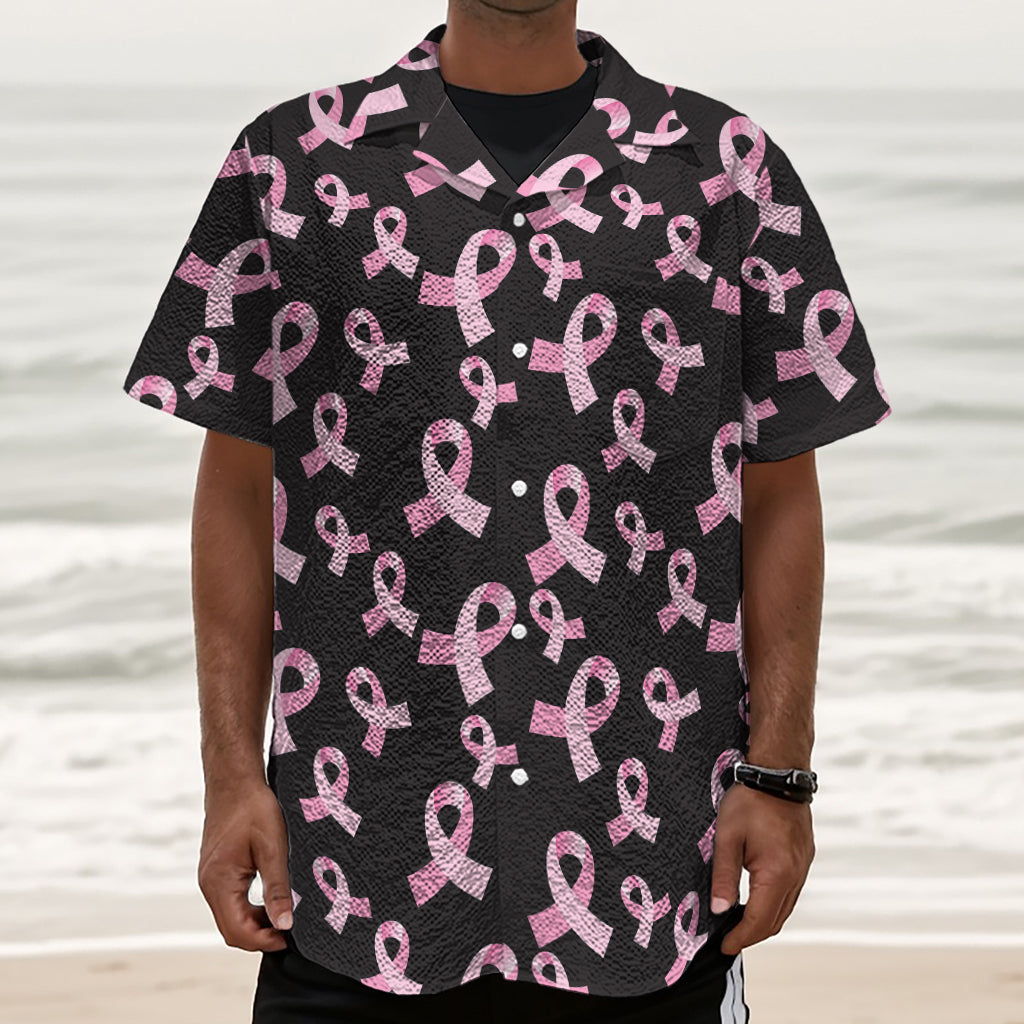 Pink Breast Cancer Ribbon Pattern Print Textured Short Sleeve Shirt