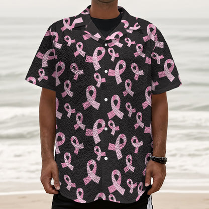 Pink Breast Cancer Ribbon Pattern Print Textured Short Sleeve Shirt