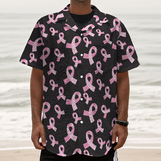 Pink Breast Cancer Ribbon Pattern Print Textured Short Sleeve Shirt