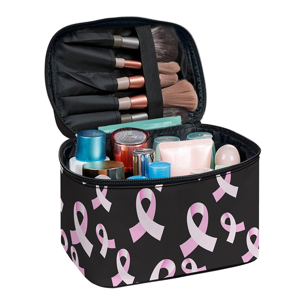 Pink Breast Cancer Ribbon Pattern Print Travel Makeup Bag