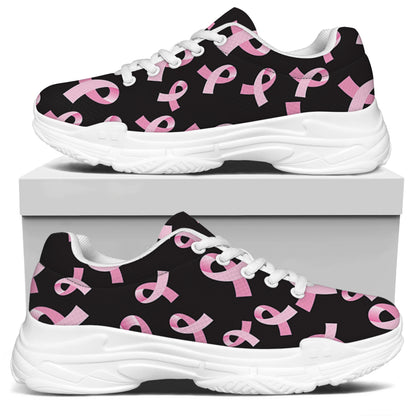 Pink Breast Cancer Ribbon Pattern Print White Chunky Shoes