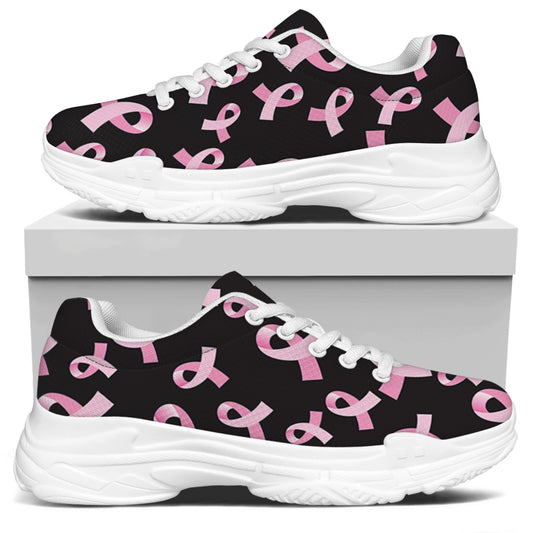 Pink Breast Cancer Ribbon Pattern Print White Chunky Shoes