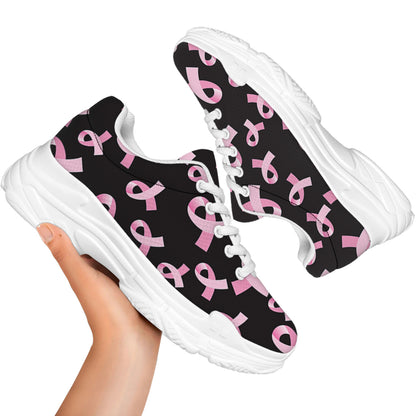 Pink Breast Cancer Ribbon Pattern Print White Chunky Shoes