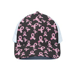 Pink Breast Cancer Ribbon Pattern Print White Mesh Trucker Cap