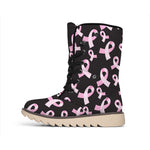 Pink Breast Cancer Ribbon Pattern Print Winter Boots