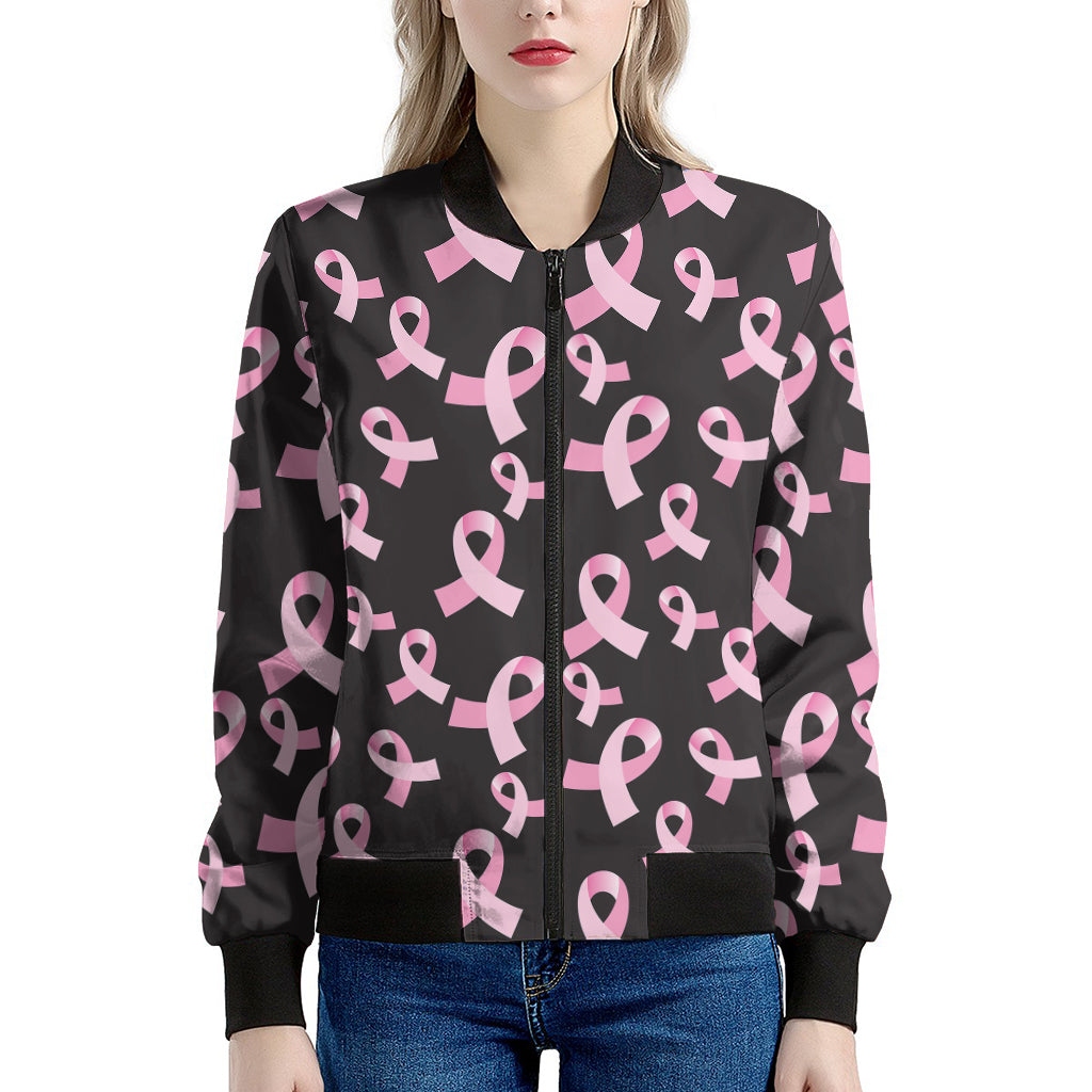 Pink Breast Cancer Ribbon Pattern Print Women's Bomber Jacket
