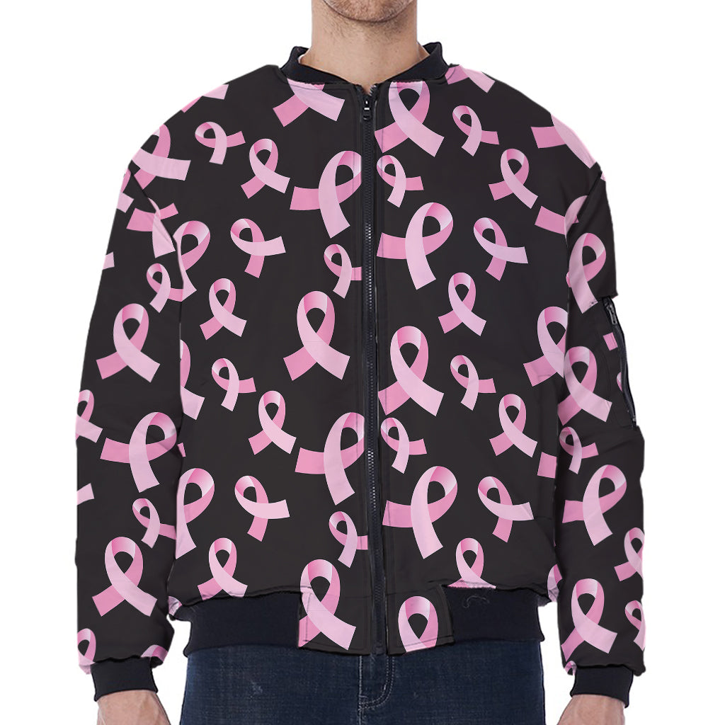 Pink Breast Cancer Ribbon Pattern Print Zip Sleeve Bomber Jacket