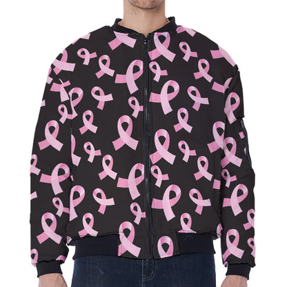 Pink Breast Cancer Ribbon Pattern Print Zip Sleeve Bomber Jacket