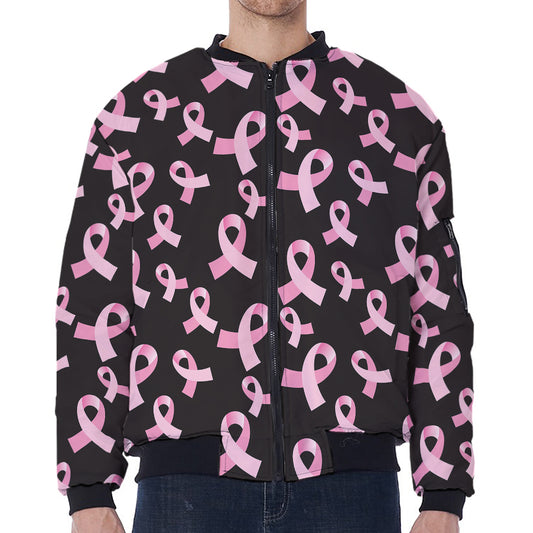 Pink Breast Cancer Ribbon Pattern Print Zip Sleeve Bomber Jacket