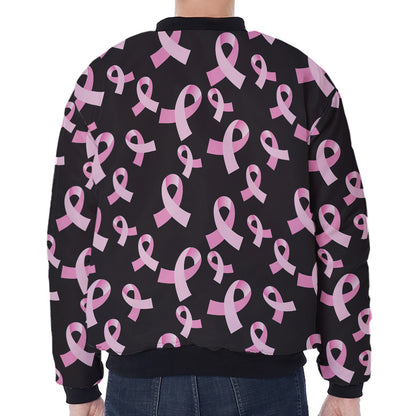 Pink Breast Cancer Ribbon Pattern Print Zip Sleeve Bomber Jacket