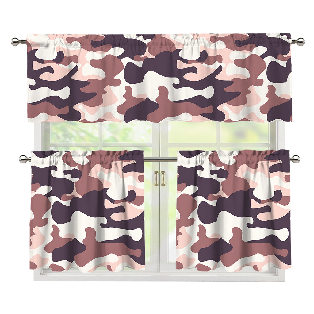 Pink Brown Camouflage Print 3 Piece Kitchen Curtains