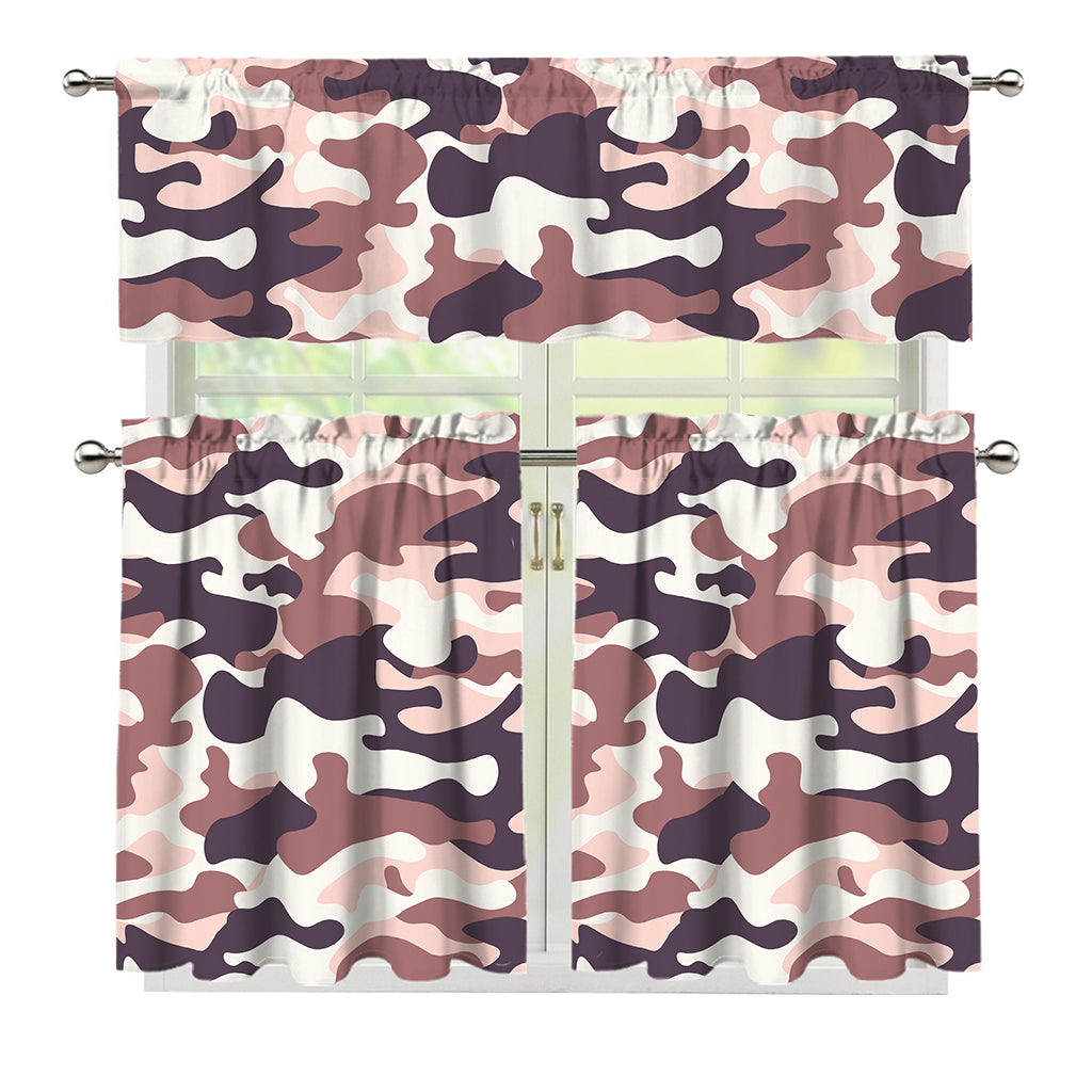 Pink Brown Camouflage Print 3 Piece Kitchen Curtains